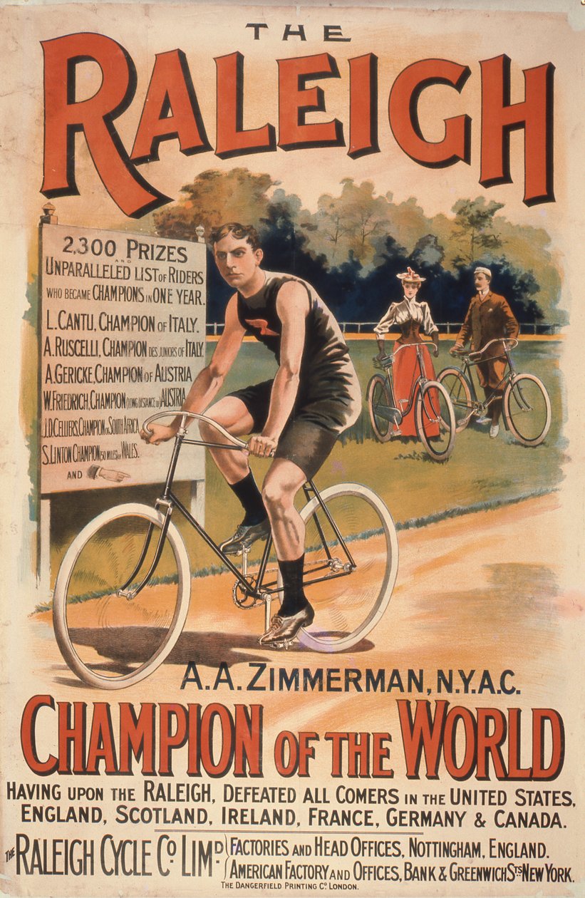 Poster pubblicitario per biciclette Raleigh con un ritratto di Arthur Augustus Zimmerman, campione del mondo da T. Moore