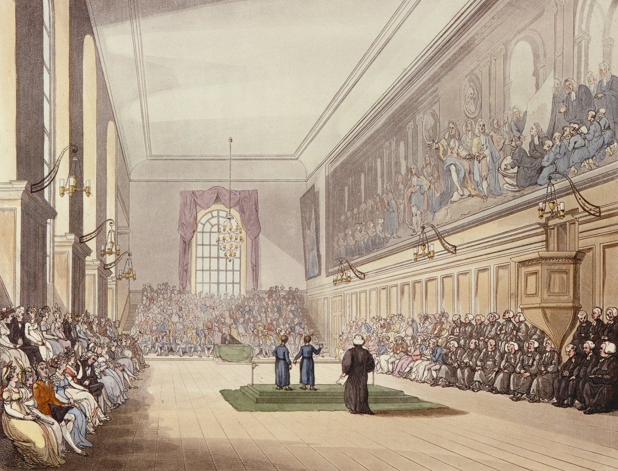 La sala, Blue Coat School, da "Microcosm of London" di Ackermann, inciso da J. Hill, 1808 da T. Rowlandson