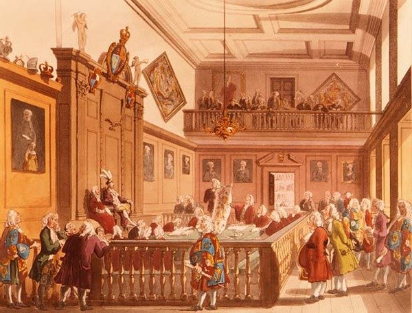 La Corte di Cavalleria in sessione nella Corte del Conte Maresciallo al College of Arms da Microcosmo di Londra di Ackermann, 1809 da T. and Pugin Rowlandson