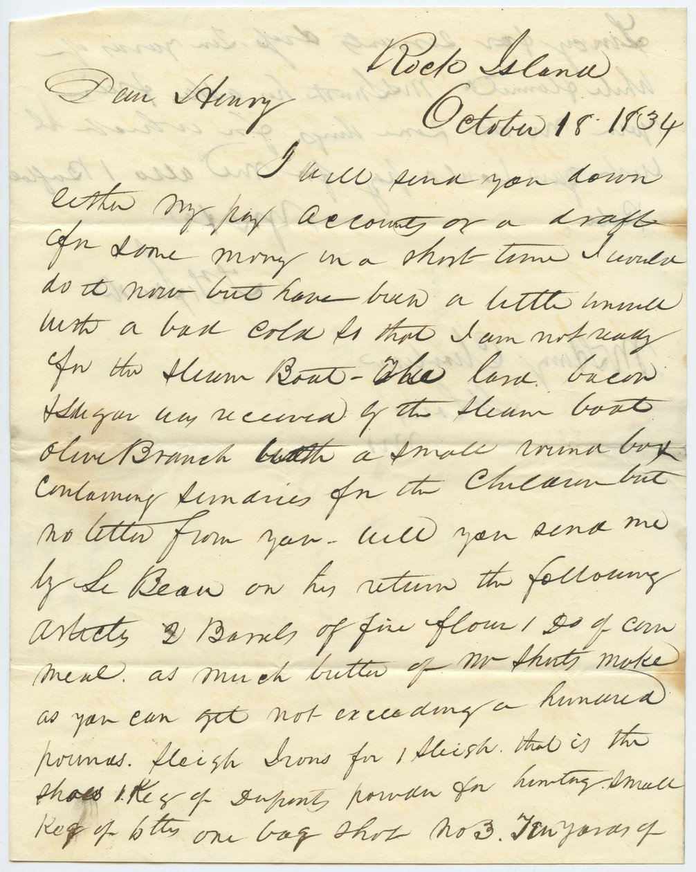 Lettera firmata T.F. Smith, Rock Island, a Henry Chouteau, St. Louis, Mo., 18 ottobre 1834 da T.F. Smith