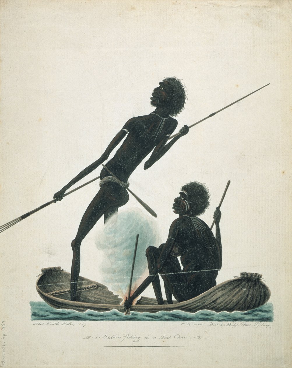 Nativi che pescano in una canoa di corteccia, 1819 da T.R. Browne