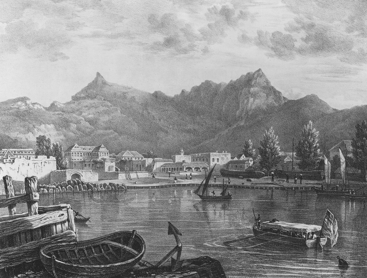 Port Louis, Mauritius, dal lato orientale del porto, c.1830 (litografia) da T. (after) Bradshaw