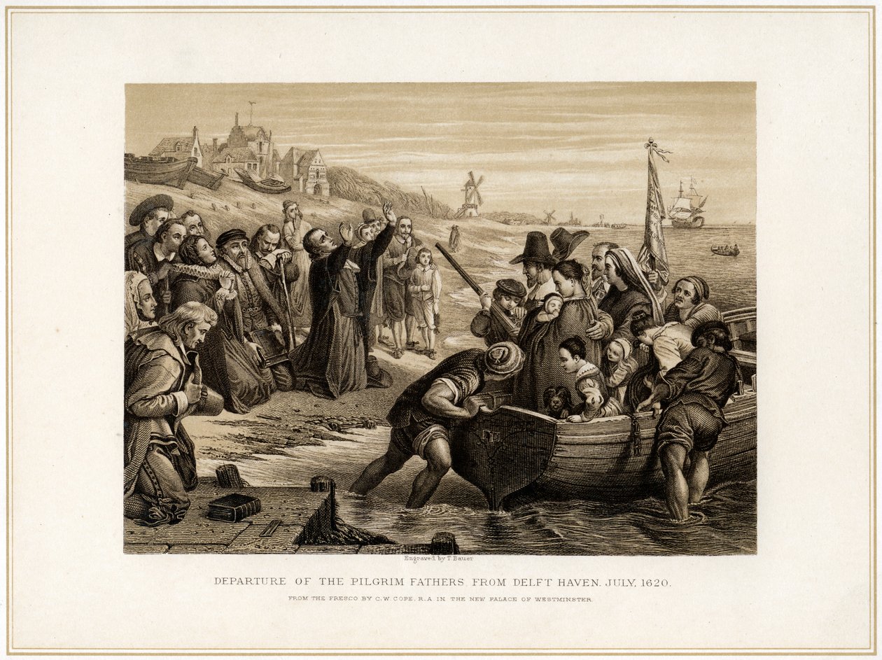 Partenza dei Padri Pellegrini da Delft Haven, luglio 1620, XIX secolo da T Bauer