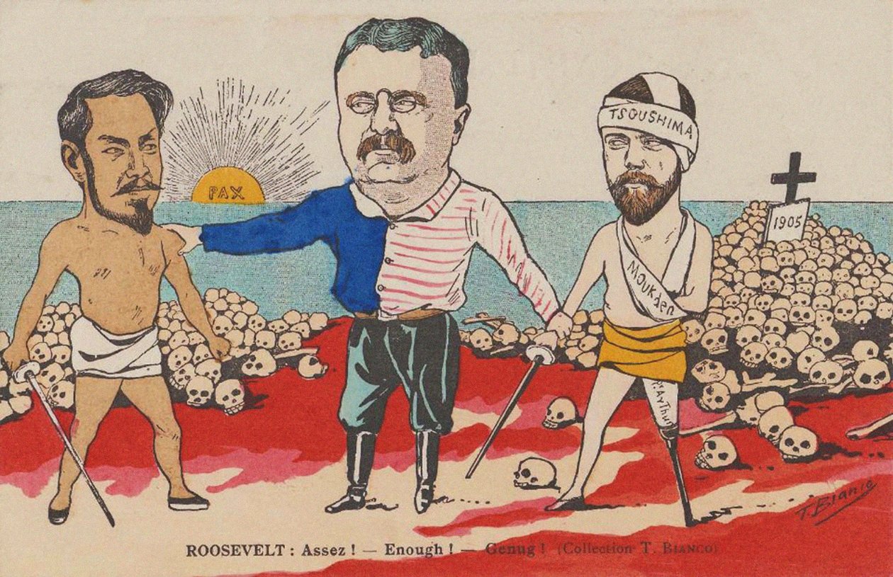 Roosevelt: Assez! - Enough! - Genug! Una caricatura sul Trattato di Portsmouth, 1905 da T. Bianco
