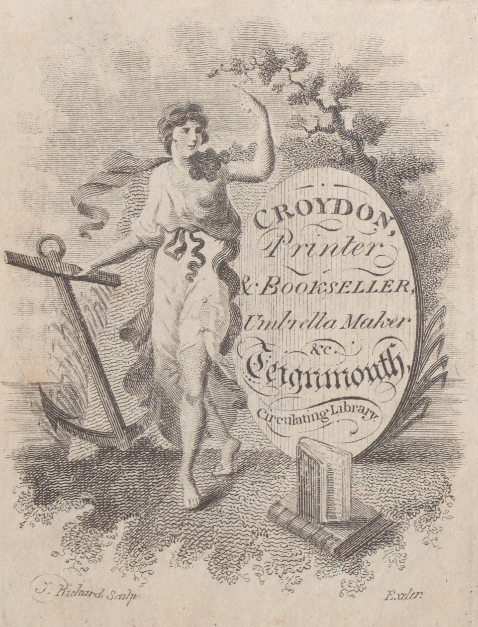 Biglietto da visita per Croydon, stampatore, libraio e fabbricante di ombrelli (XIX secolo) da T. Rickard