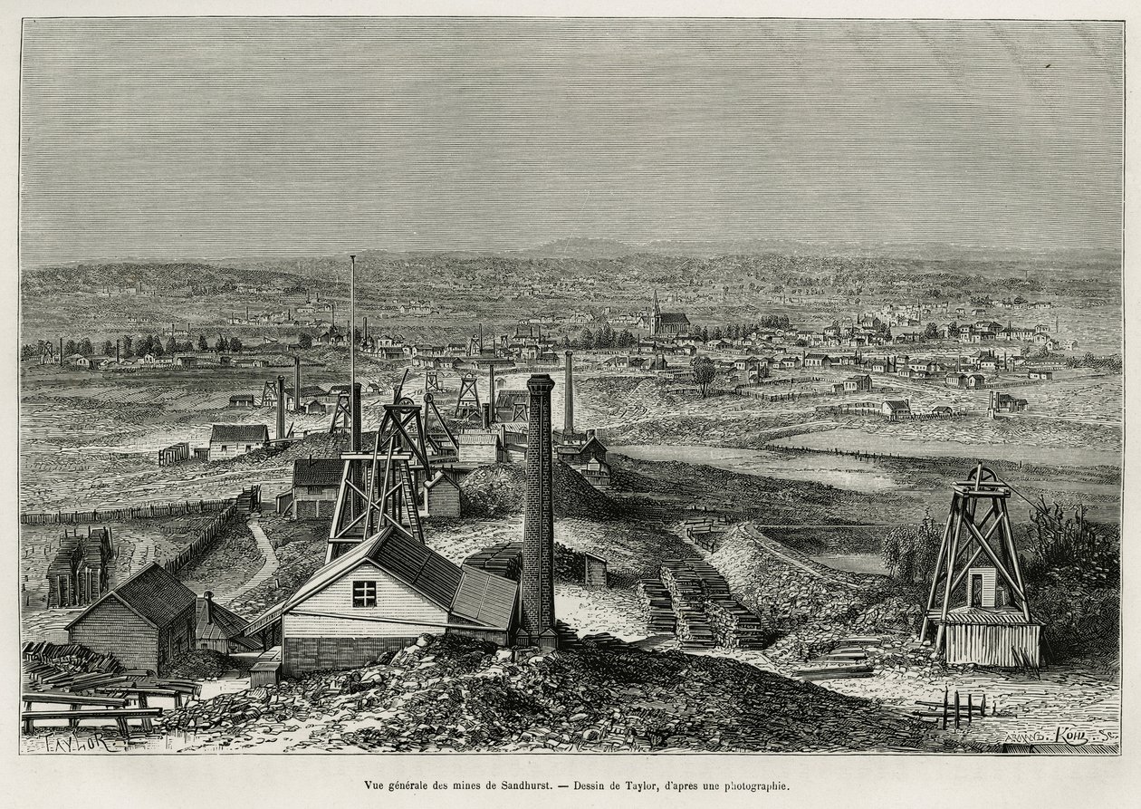 Veduta generale delle miniere di Sandhurst, incisione dal disegno di Taylor, per illustrare la storia sei mesi in Australia, di Désiré Charnay, missione incaricata dal Ministero della Pubblica Istruzione, nel 1878, pubblicato in Le tour du monde da T Taylor