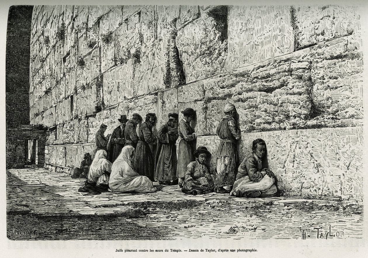 Ebrei che piangono contro i muri del tempio (muro del pianto). Incisione di Taylor, per illustrare La Siria di oggi, di M. Lortet, decano della Facoltà di Medicina di Lione, incaricato di una missione scientifica dal Ministero dell