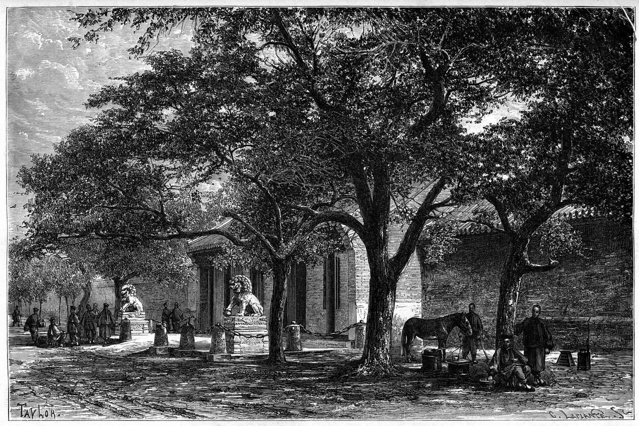 Legazione di Francia entrata a Pechino (Beijing) nel XIX secolo. Incisione da un disegno di Taylor, da una fotografia del Dr. Morache, in “Le Tour du Monde, Nouveau journal des Voyages”, a cura di Edouard Charton, Parigi da T Taylor