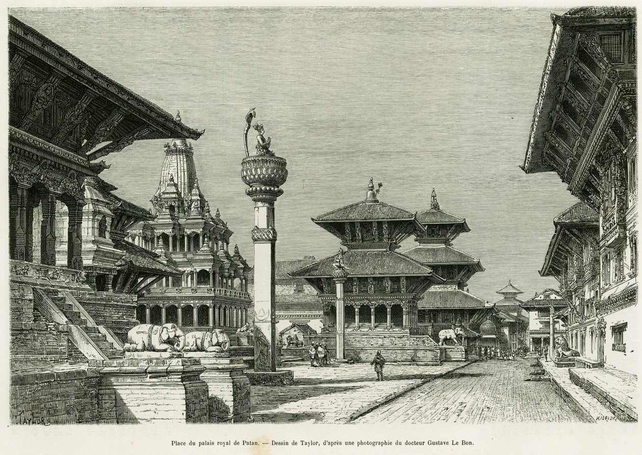 Piazza del Palazzo Reale di Patan (attuale Lalitpur). Incisione di Taylor per illustrare la storia Viaggio in Nepal, del Dr. Gustave Le Bon (1841-1931), in Le Tour du monde 1886, diretto da Edouard Charton (1807-1890), Hachette, Parigi. da T Taylor