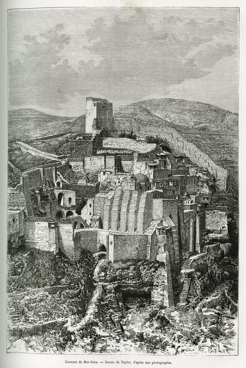 Il convento di Mar-Saba (Mar Saba) (Palestina). Incisione di Taylor, per illustrare la storia della Siria di oggi, di M. Lortet, decano della Facoltà di Medicina di Lione, incaricato di una missione scientifica dal Ministero dell