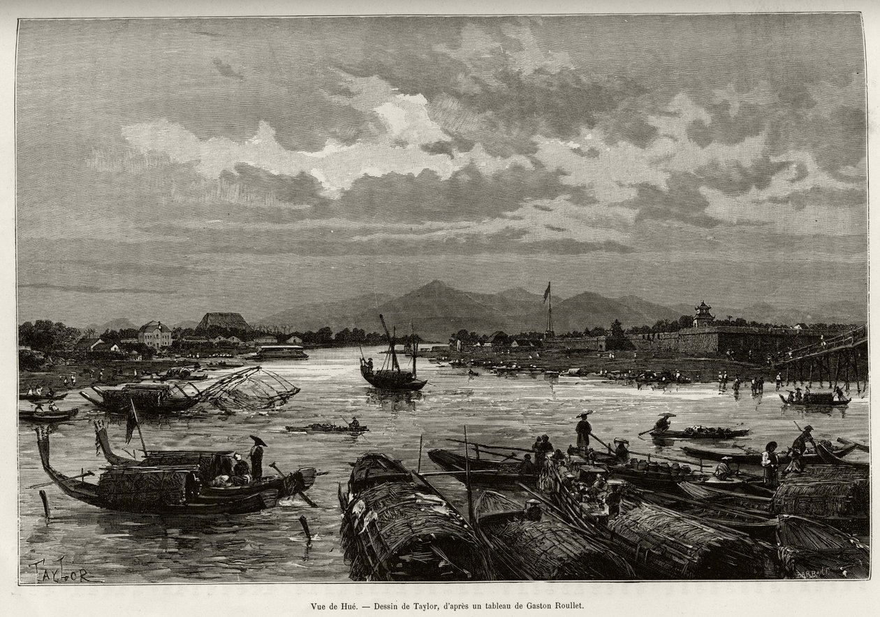 Veduta di Hue (Vietnam), con descrizione della navigazione sul fiume Song Huong e della pagoda Thien Mu, dietro le mura perimetrali (incisione) da T Taylor