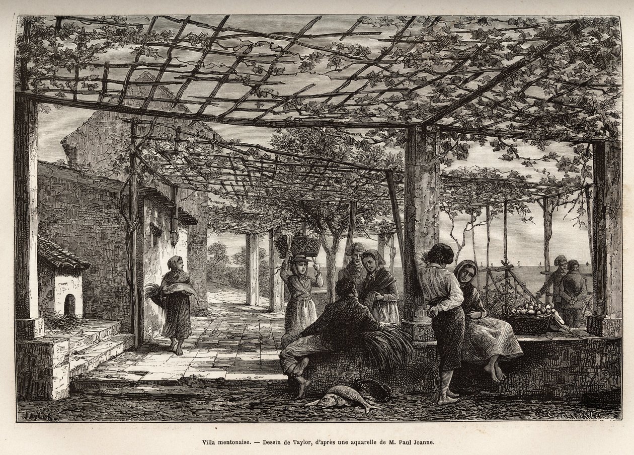 Villa Menton, incisione dal disegno di Taylor, che illustra il viaggio a Menton e Bordighera, nel 1871, di Adolphe Joanne, pubblicato in "Le tour du monde" 1874, a cura di Edouard Charton, edizione Hachette, Parigi. Collezione Selva da T Taylor