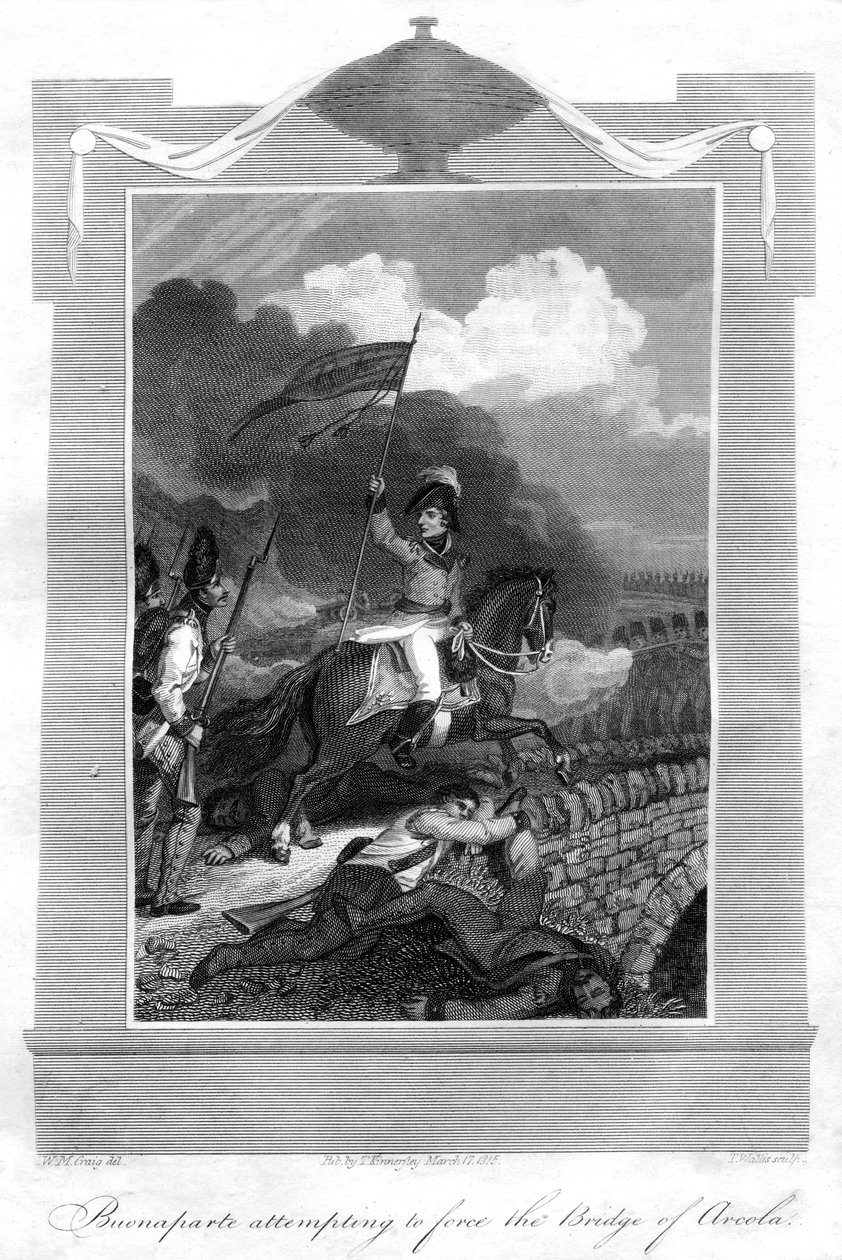 Napoleone Bonaparte tenta di forzare il ponte di Arcola, 1816 da T. Wallis