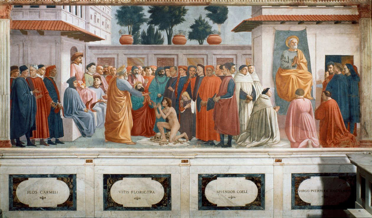 La resurrezione del figlio di Teofilo, re di Antiochia, e San Pietro intronizzato come primo vescovo di Antiochia da T. Masaccio, F. Lippi