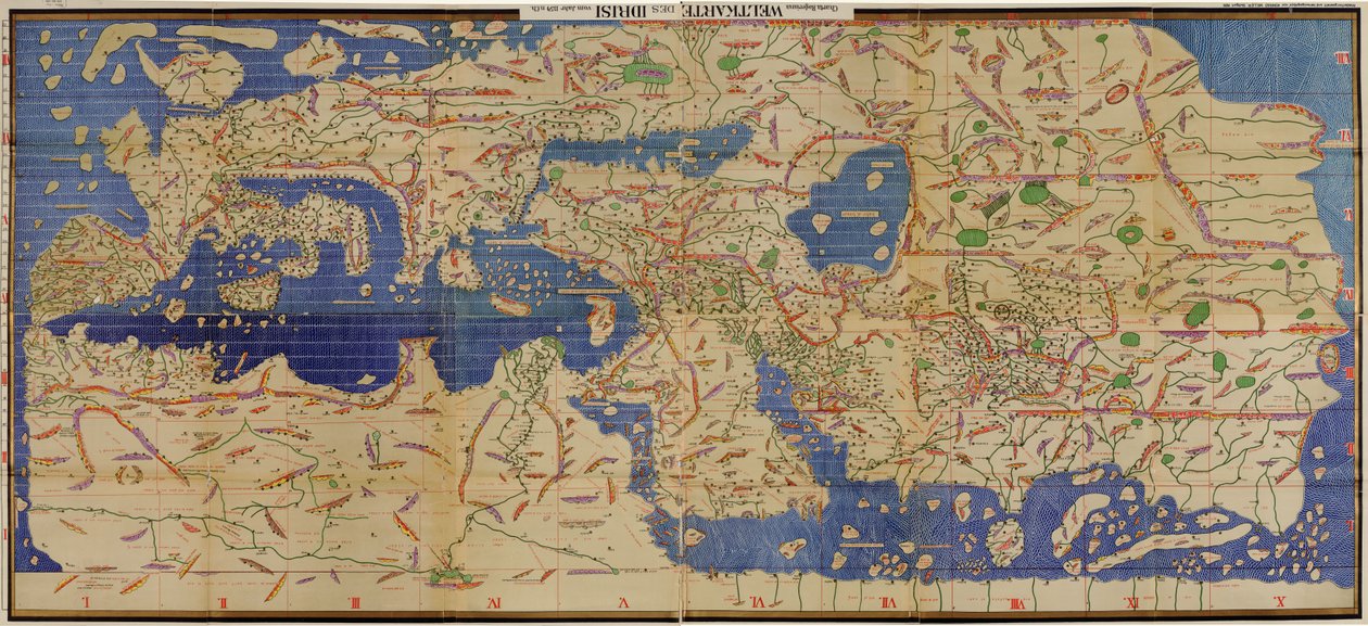 Una copia del 1929 con nomi traslitterati in caratteri latini della Tabula Rogeriana araba del 1154, capovolta con il nord orientato verso l