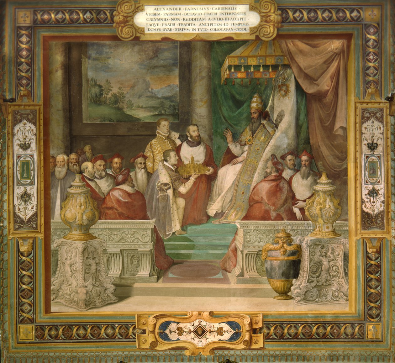 Alessandro e Ottavio Farnese presentano un modello della città di Piacenza a Papa Giulio III da Taddeo Zuccari