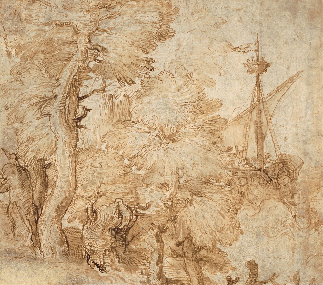 Giona e la balena, visti da un paesaggio con alberi da Taddeo Zuccari