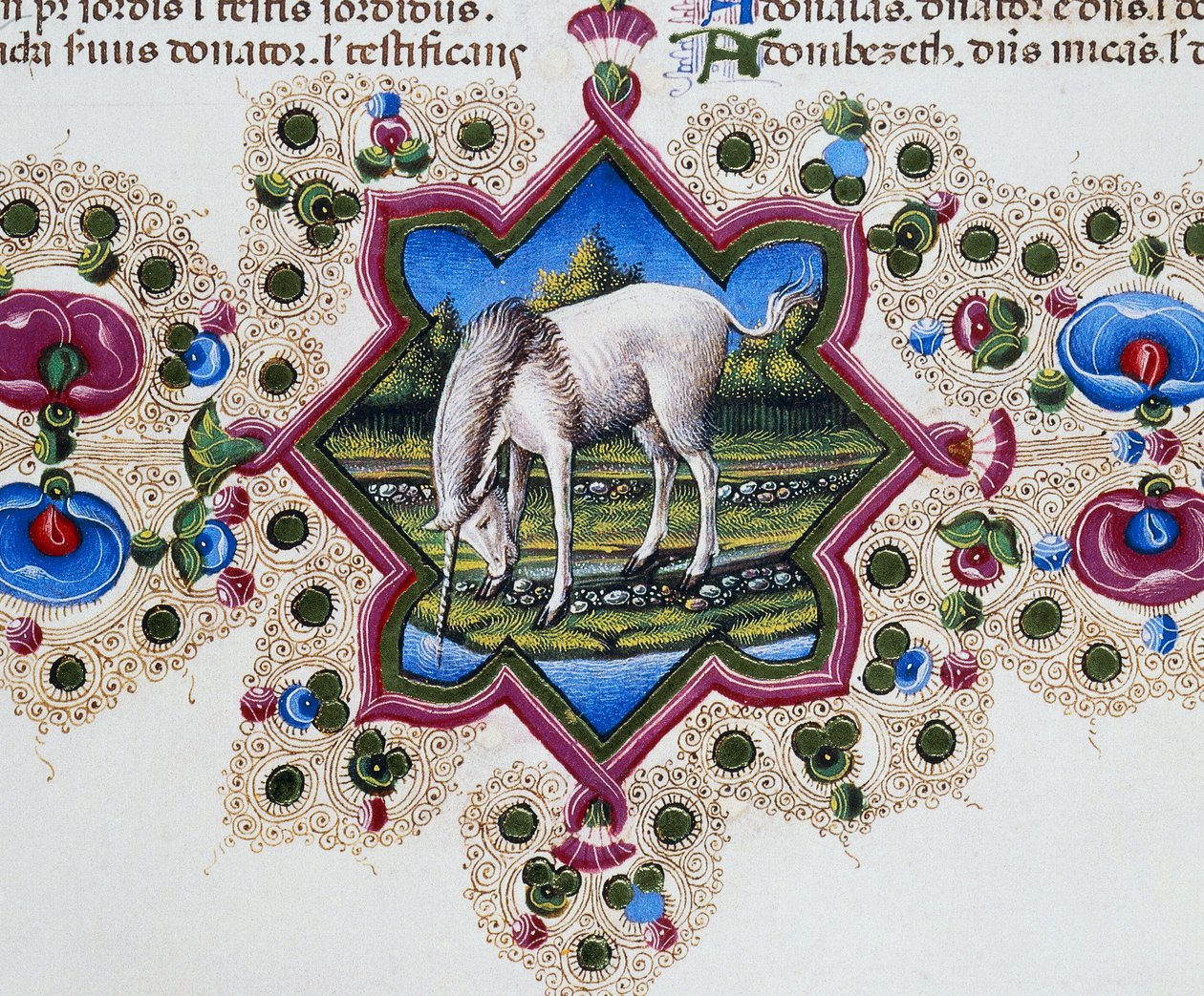 Fregio di bordo al piede della pagina con unicorno, Volume II f 245, v, Bibbia di Borso d