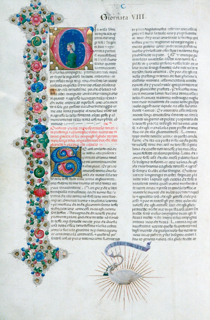 Pagina di manoscritto miniato dal Decameron, di Giovanni Boccaccio, italiano, c1467 da Taddeo Crivelli