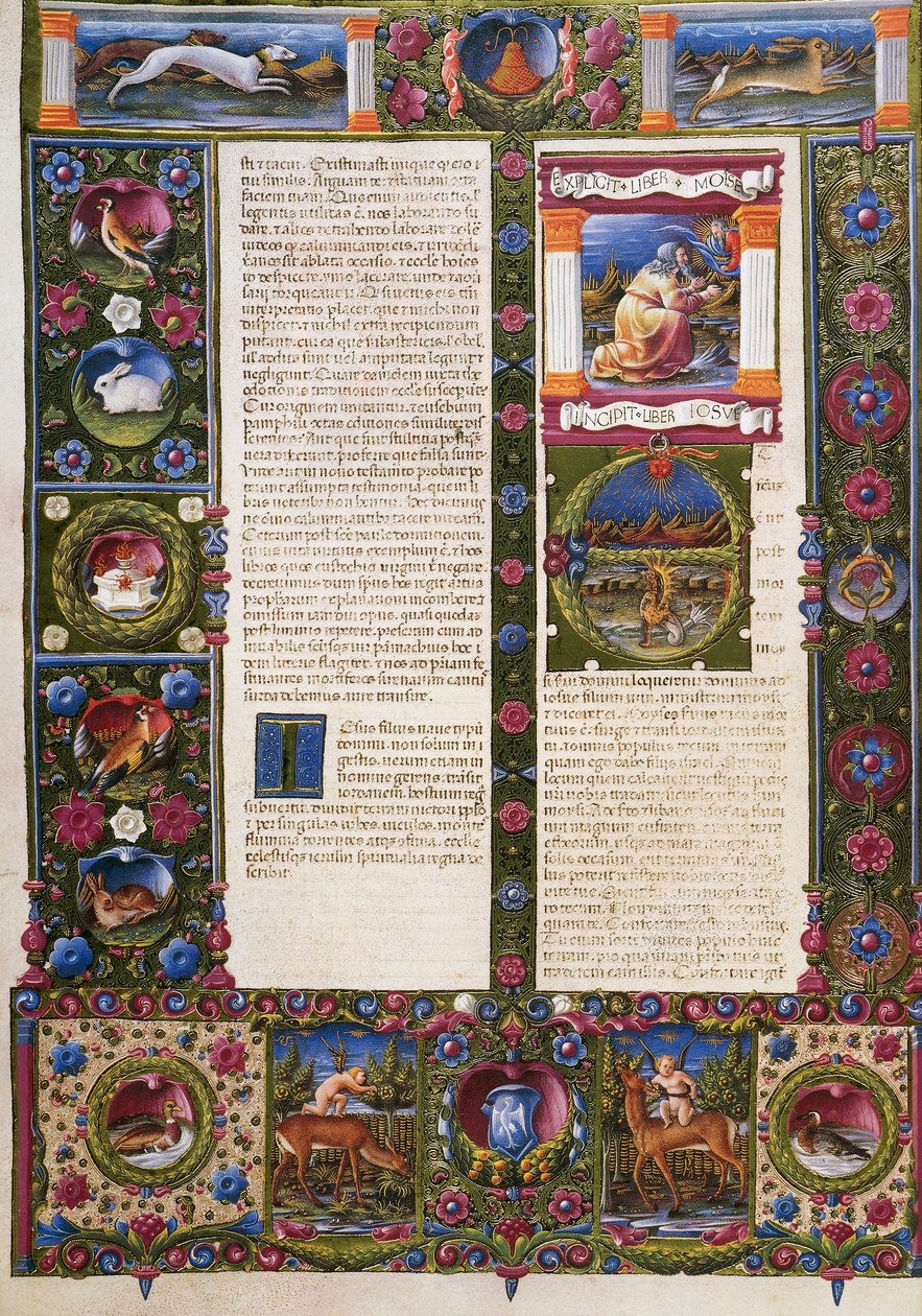 Fine del Libro del Deuteronomio e incipit dal Libro di Giosuè, dal Volume II della Bibbia di Borso d