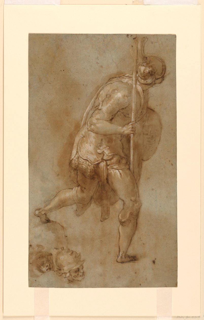 Soldato che corre: Studio per figura in primo piano a sinistra, "Il tradimento di Cristo," Roma, S. Maria della Consolazione, Cappella Mattei; Studi separati di due teste da Taddeo Zuccaro