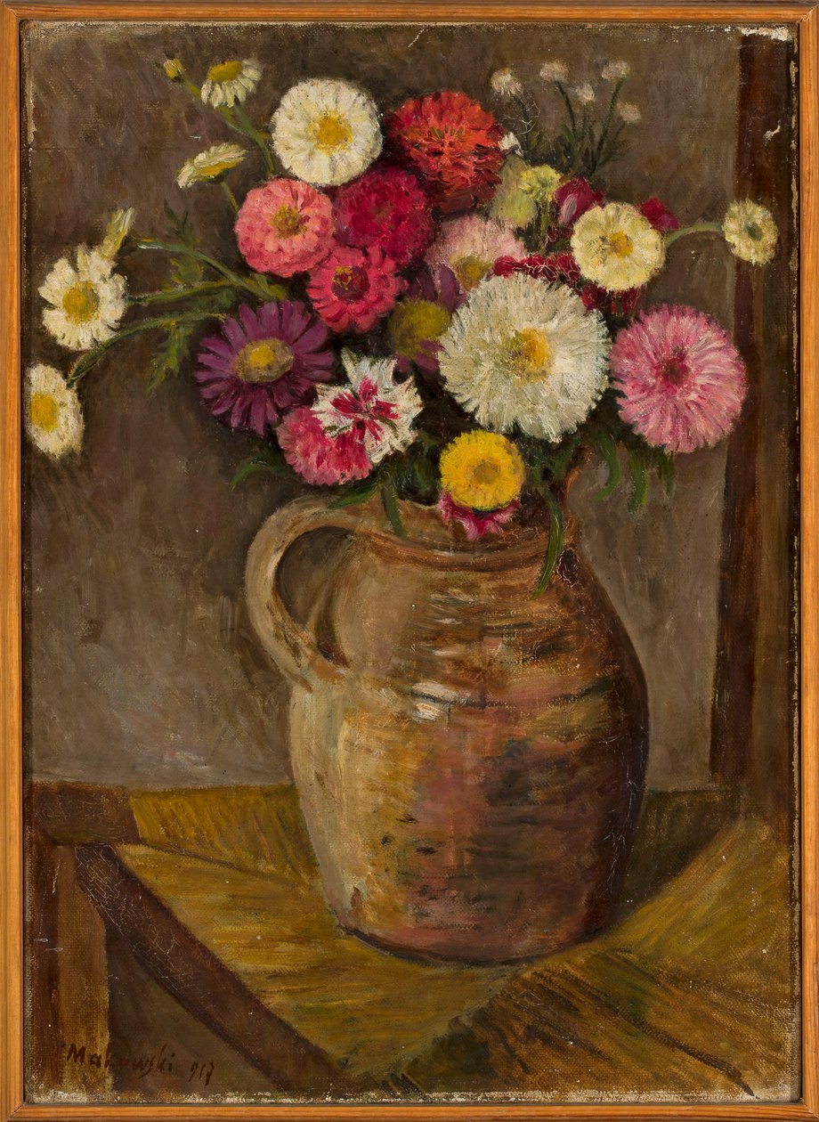 Astri e zinnie in una brocca di terracotta da Tadeusz Makowski
