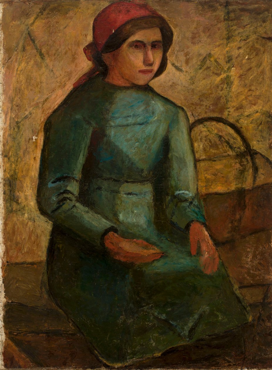 Una ragazza con un vestito verde e un cestino da Tadeusz Makowski