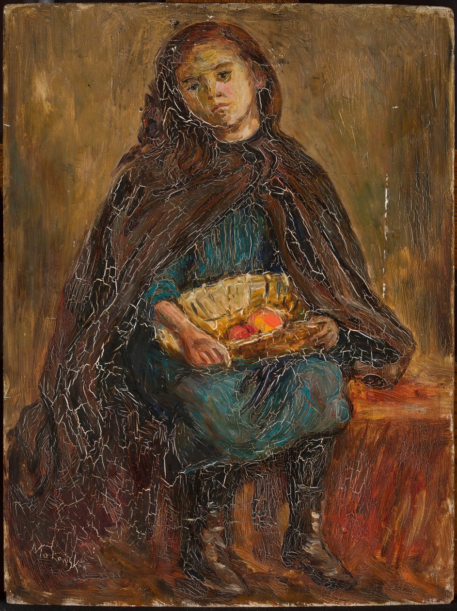Bambina con un cesto di mele in grembo da Tadeusz Makowski