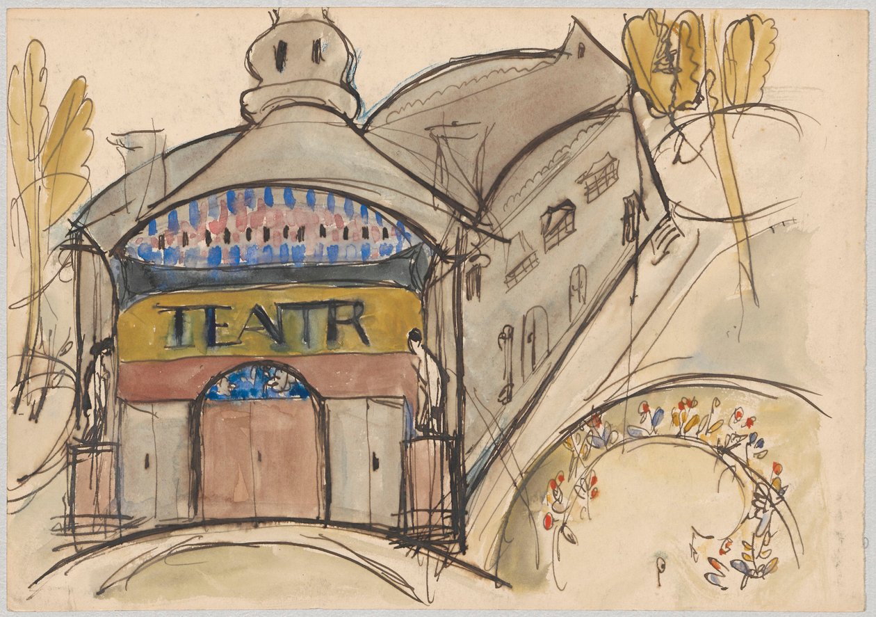 Edificio fantastico con la scritta «Teatro» da Tadeusz Makowski