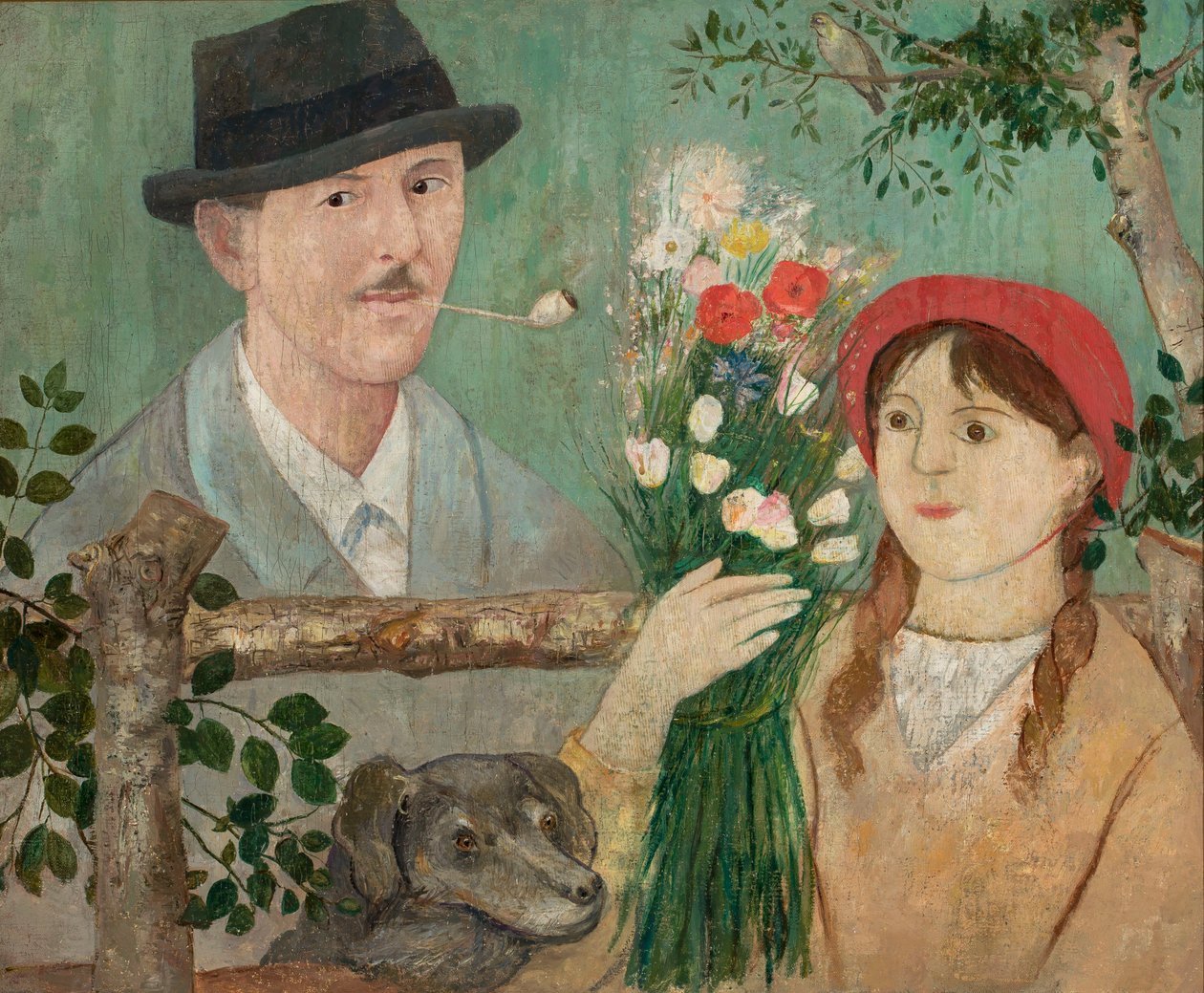 Idillio presso la staccionata (Autoritratto, ragazza con fiori e cane) da Tadeusz Makowski