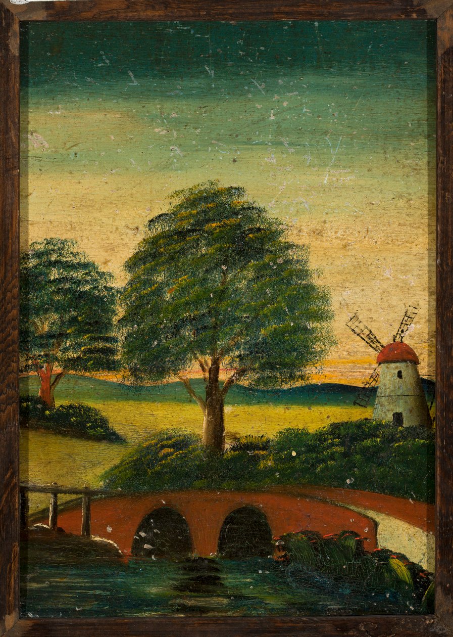 Paesaggio con mulino a vento e ponte da Tadeusz Makowski