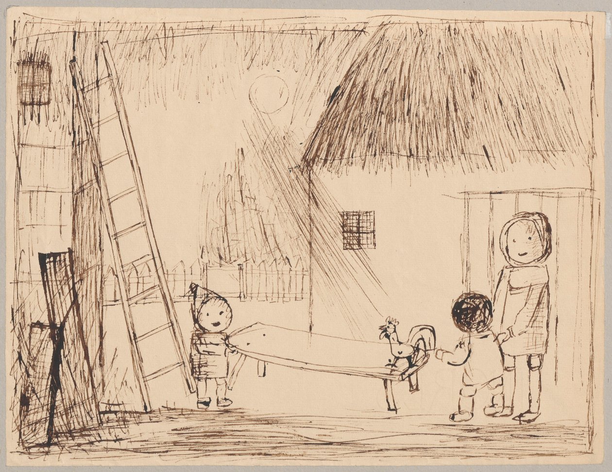Tre bambini con un gallo nel cortile da Tadeusz Makowski