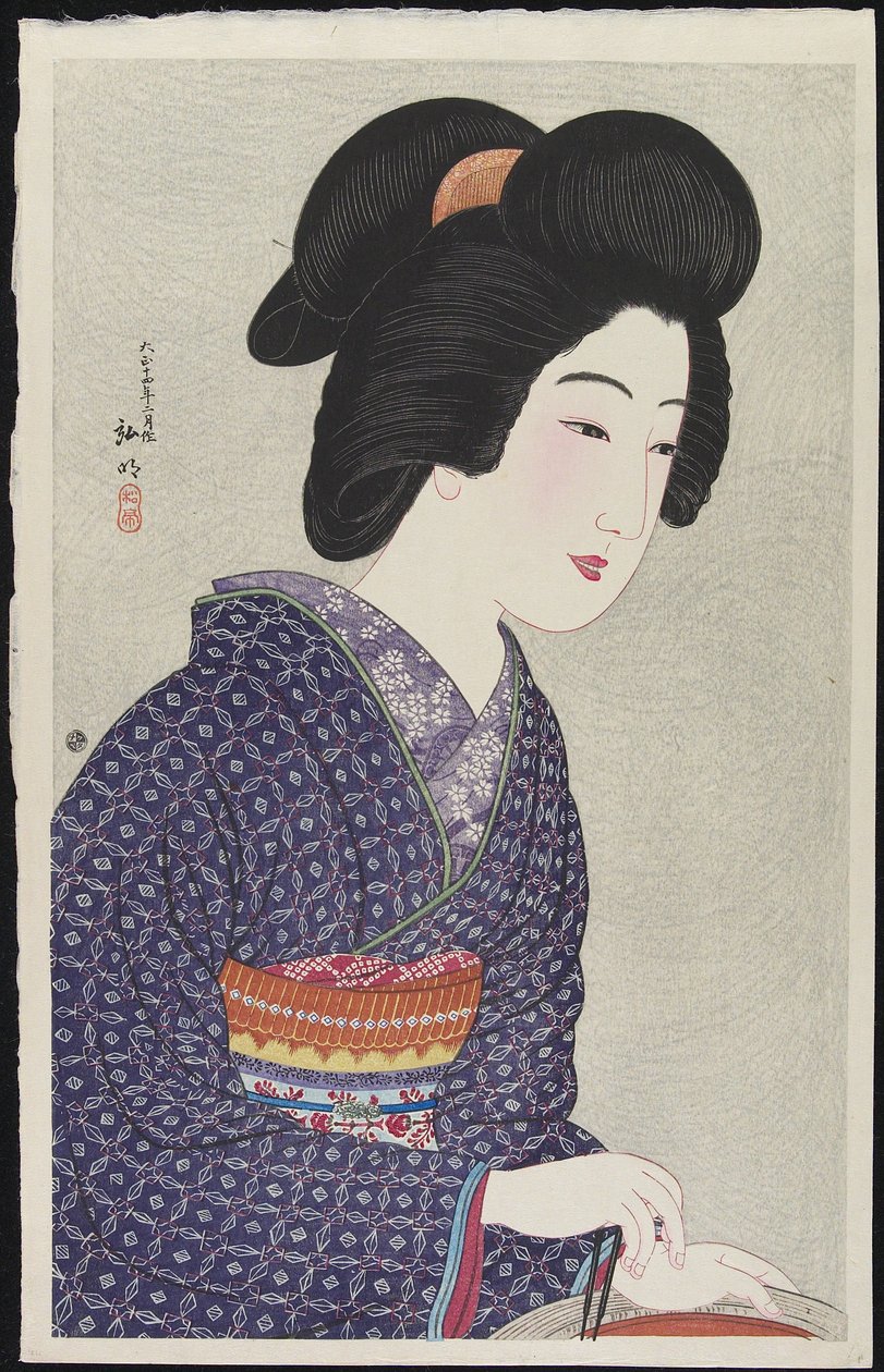 Donna seduta accanto a un braciere, febbraio 1925 da Takahashi Hiroaki