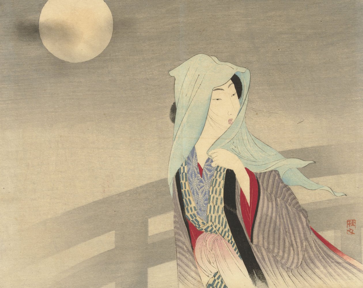 Donna velata su un ponte al chiaro di luna da Takeuchi Keishu Takeuchi Keishu