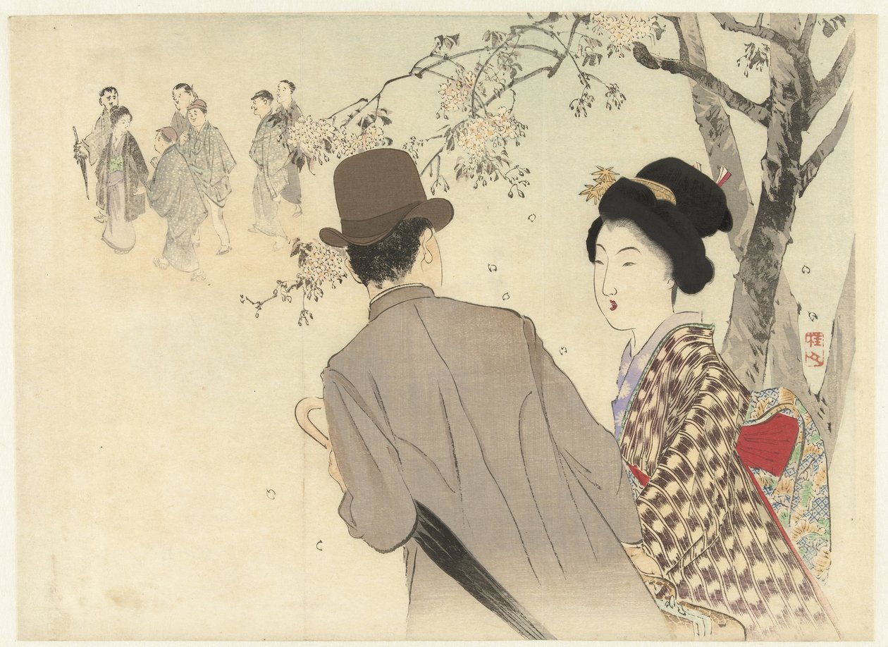 Uomo con bombetta e ombrello e signora in kimono da Takeuchi Keishū