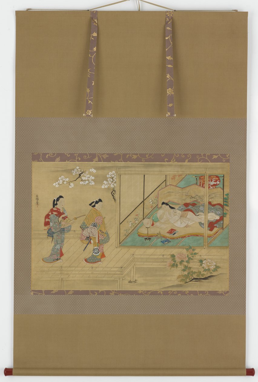 Bellezza Distesa mentre i Visitatori si Avvicinano, Periodo Edo da Tamura Suio