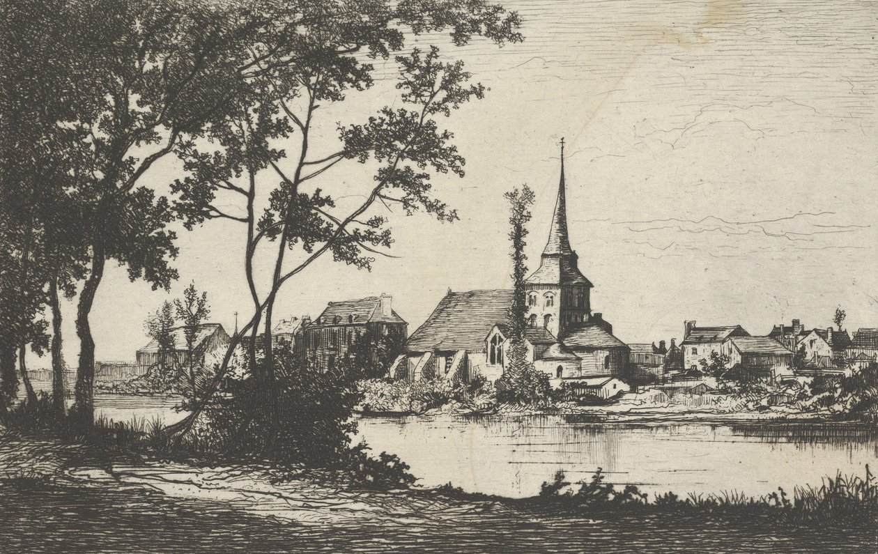 Città con una chiesa oltre un fiume da Tancrède Abraham