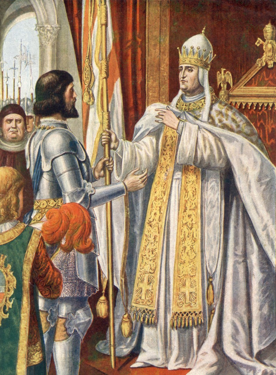 Alberico da Barbiano riceve da Papa Urbano VI una bandiera con la scritta "Italia liberata dai barbari". da Tancredi Scarpelli