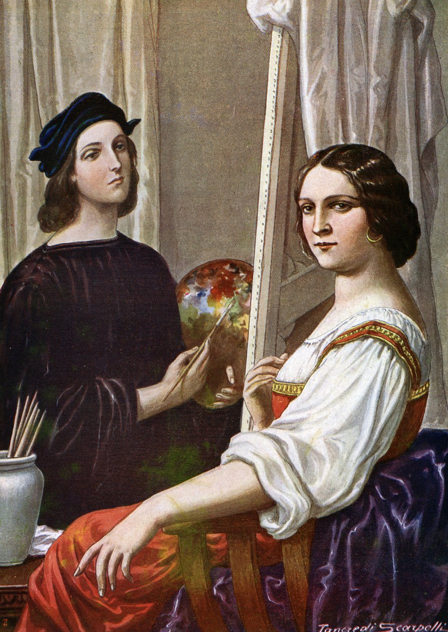 Ritratto del pittore Raffaello (Raffaello Sanzio 1483 - 1520) che dipinge la Fornarina da Tancredi Scarpelli