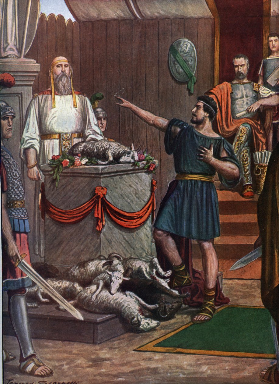 Antichità romana: terza guerra sannitica, cerimonia e sacrificio in onore delle divinità prima della battaglia di Aquilonia nel 293 a.C., illustrazione di Tancredi Scarpelli da Tancredi Scarpelli