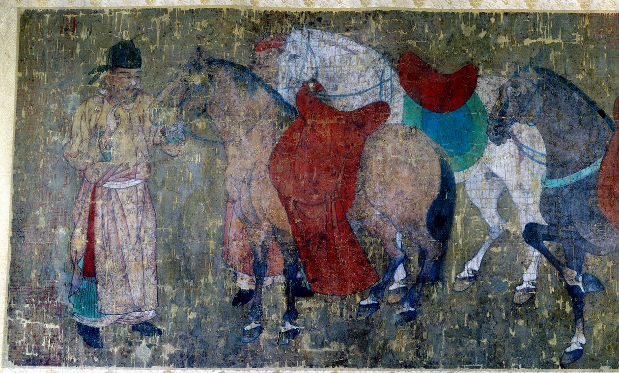 Arte cinese: due palafrenieri che guidano quattro cavalli in una stalla imperiale (dettaglio) da Tang Dynasty Chinese School