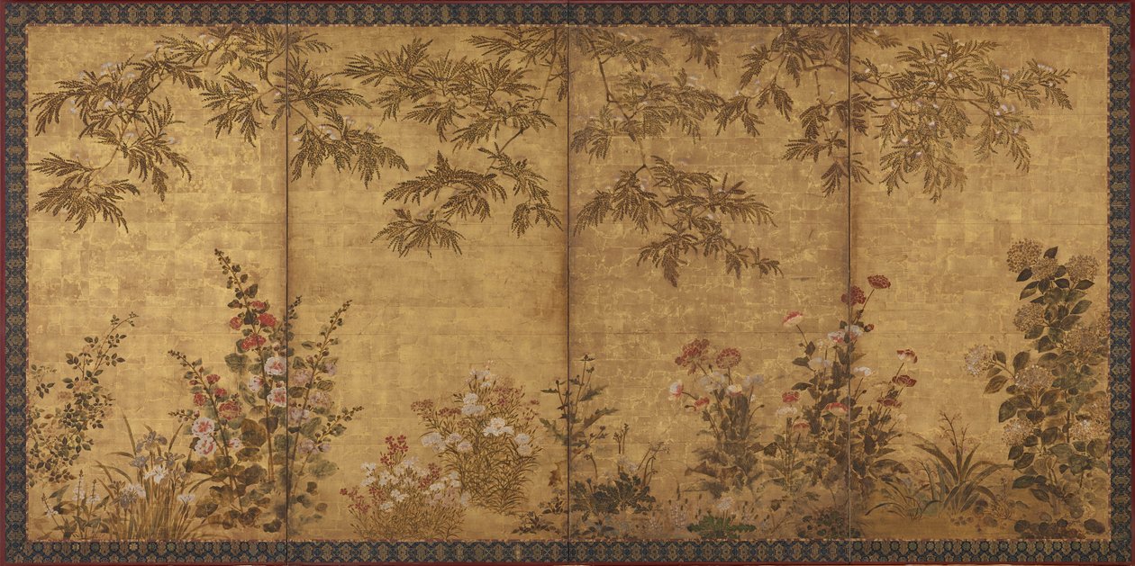 Albero di mimosa, papaveri e altri fiori estivi, periodo Edo da Tawaraya Sosetsu