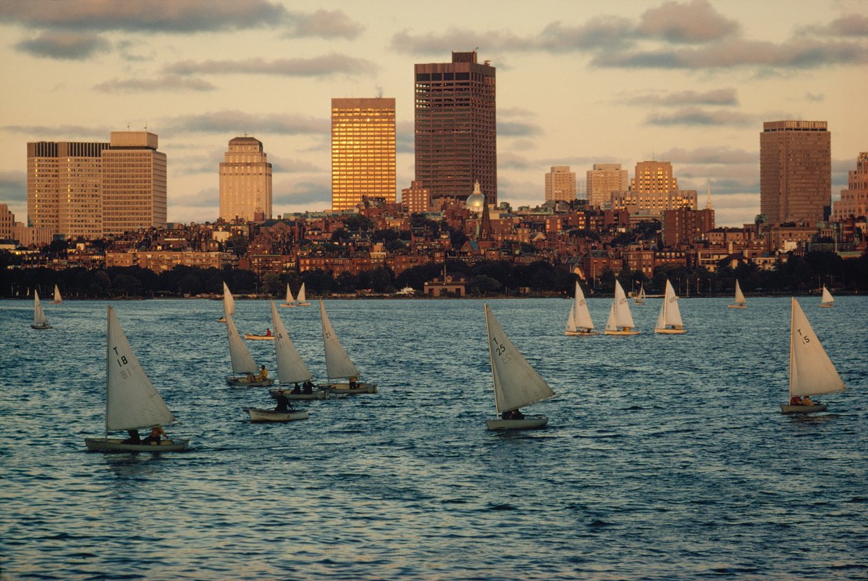 Barche a vela al tramonto nel Charles River Basin, sotto Beacon Hill da Ted Spiegel