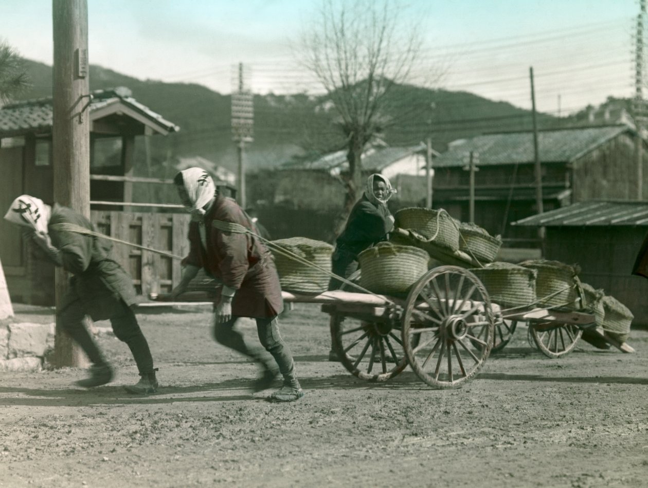 Contadini giapponesi che trainano sacchi di riso su un carro, circa 1900 - 1915 (fotografia) da Teijiro Takagi