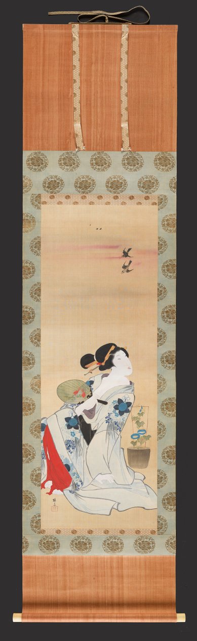 Bellezza con un ventaglio seduta accanto a un vaso di gloria mattutina, c.1830-44 da Teisai Hokuba