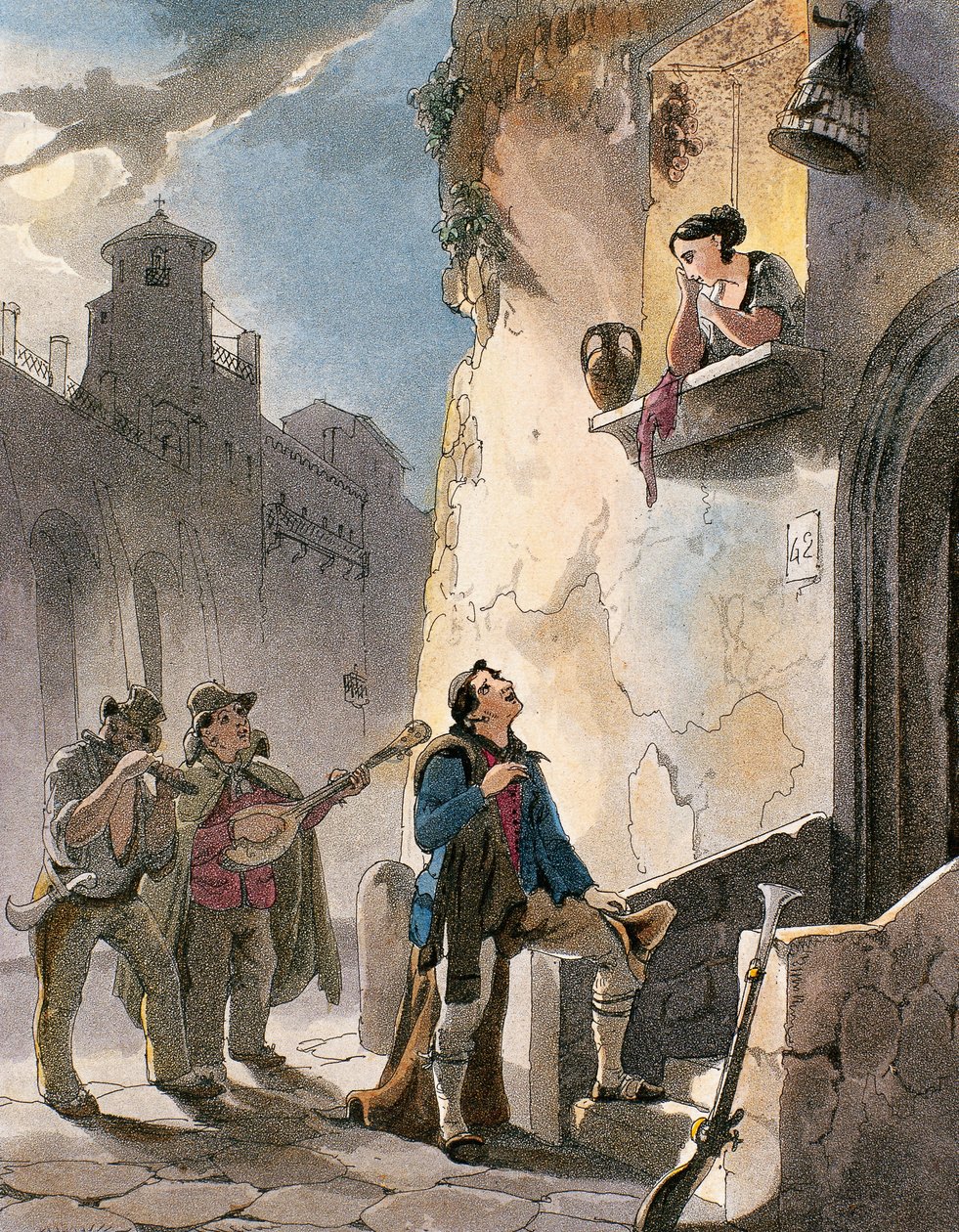 Serenata, illustrazione da Costumi e scene popolari di Napoli di Achille Vianelli da Teodoro Guglielmo Witting