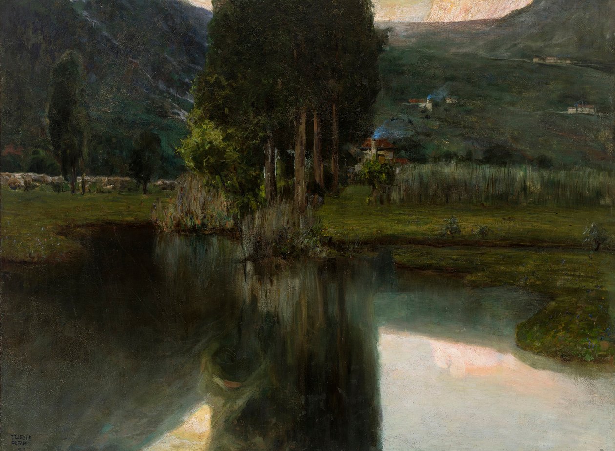 Lago con cipressi e case da Teodoro Wolf Ferrari