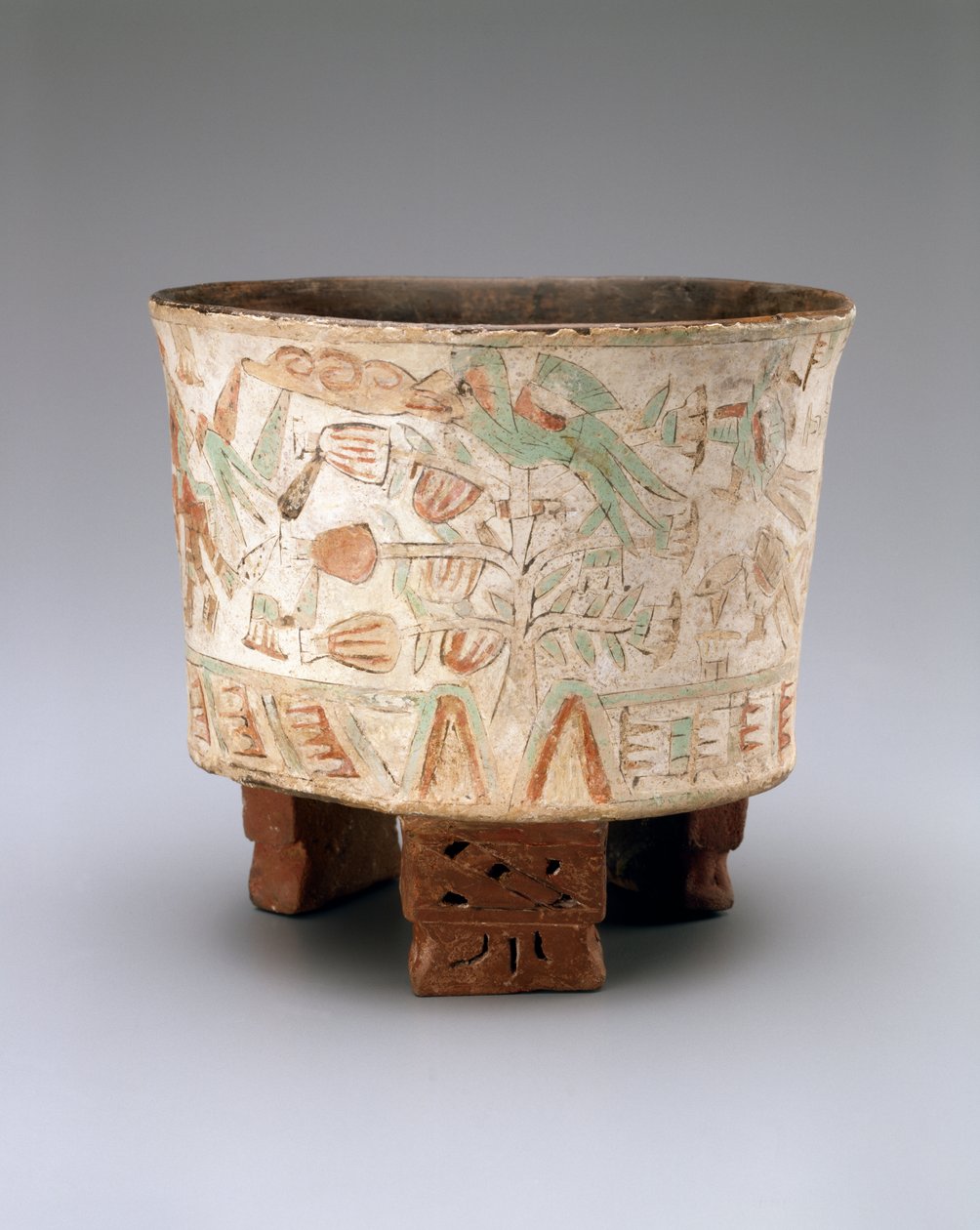 Vaso a treppiede con due soffiatori e uccelli Quetzal negli alberi di cacao, Tardo Xolalpan, 550-650 da Teotihuacan Teotihuacan