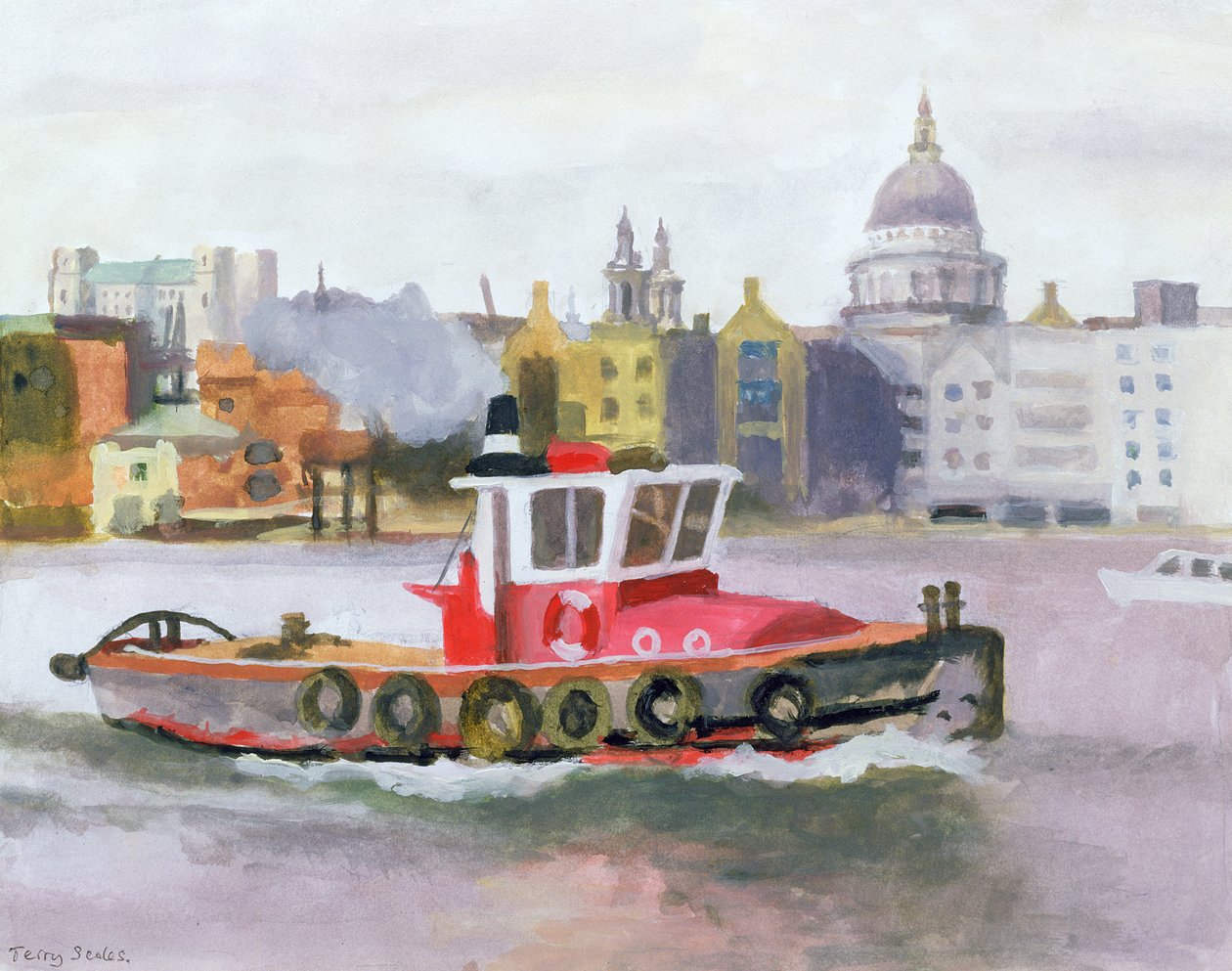Rimorchiatore rosso che passa davanti a St. Pauls, 1996 da Terry Scales