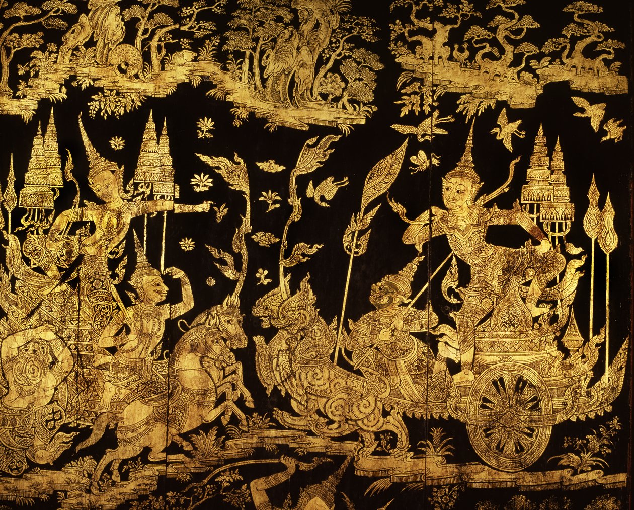 Dettaglio di uno schermo con una scena del Ramakien da Thai School